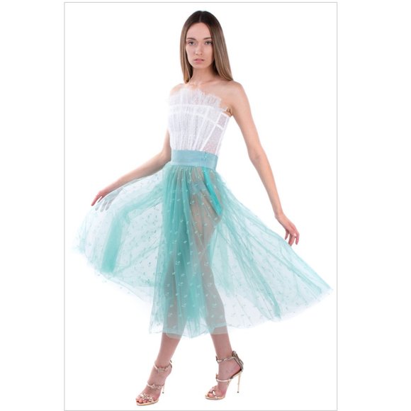 ELISABETTA FRANCHI Tulle Flare Skirt Size IT 42 / M Embroidered Anchor